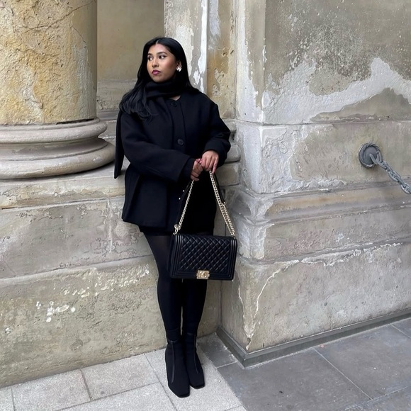 ZARA WOOL BLEND SHORT COAT WITH DETACHABLE SCARF - BLACK - Picture 6 of 17